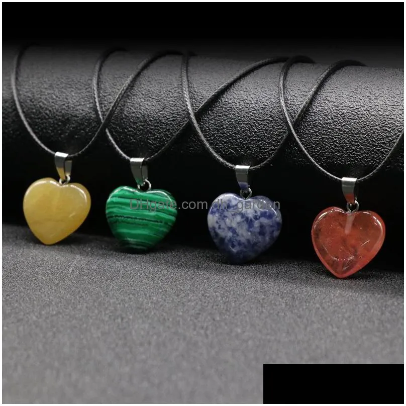 natural stone heart shape pendant necklace rose quartz healing crystal rope chain collar for women fashion jewelry