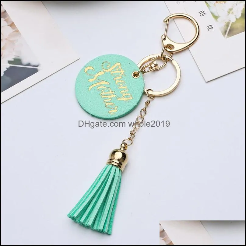 disc tassel keychain bronzing letter pendant leather key chain bag pendant mother day party gift supplies 5 colors 1254 b3