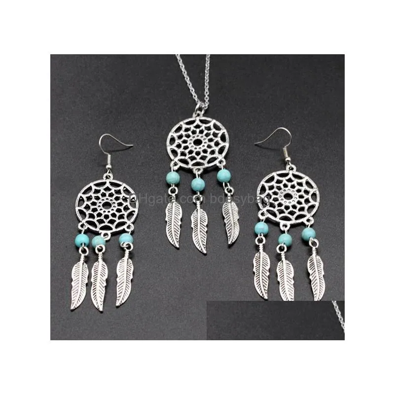 3pcs women silver pearl feather dream catcher pendant necklace earrings set freshwater pearl jewelry set family friend women gift