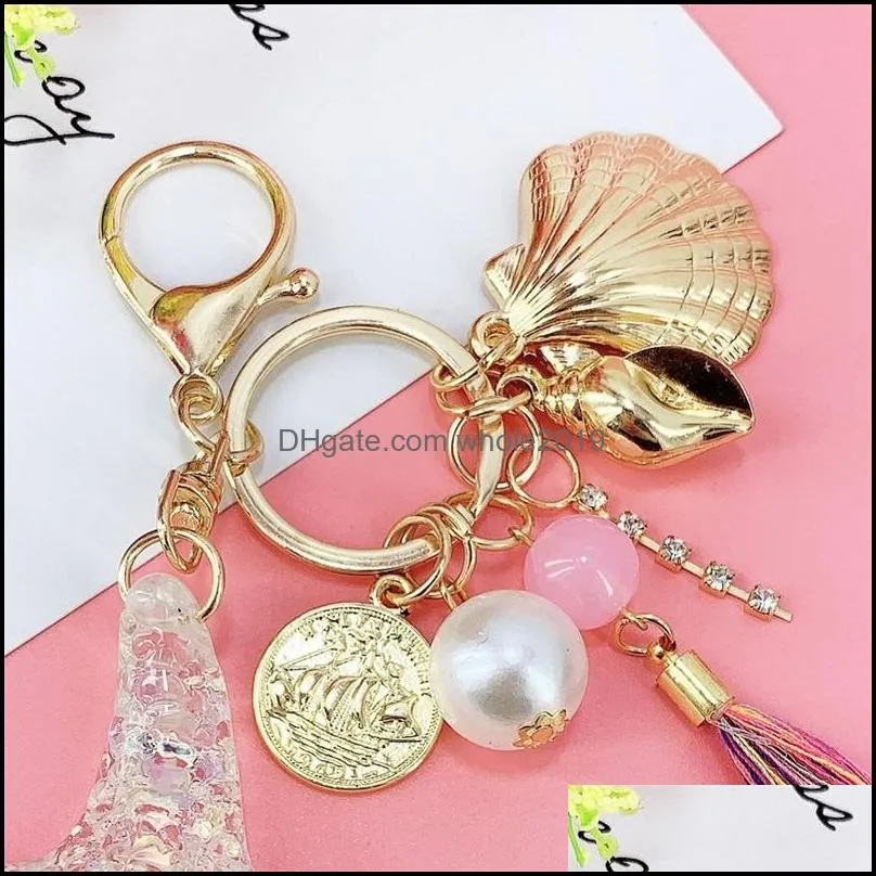  fantasy cartoon sea world pearl shell starfish keychain pentagram crystal key chain ladies bag car key alloy pendant jewelry 88c3