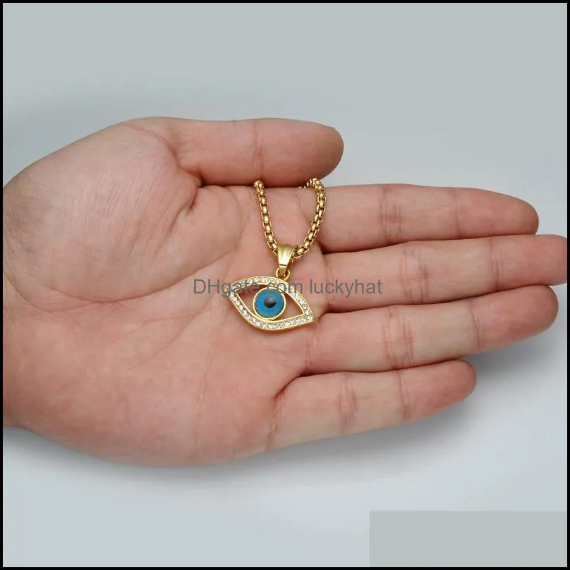 316l stainless steel men iced out blue eye of god pendant necklaces with zircon fashion long chain hip hop men jewelry luckyhat