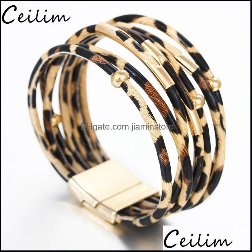 bohemian leopard leather bracelets chain for women men trendy bracelet bangles elegant handmade multilayer wrap wide wristband