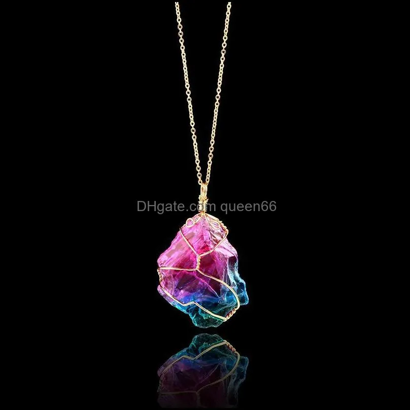 pretty rainbow stone beautifully pendant necklace crystal quartz healing point chakra rock necklace color gold chain necklace