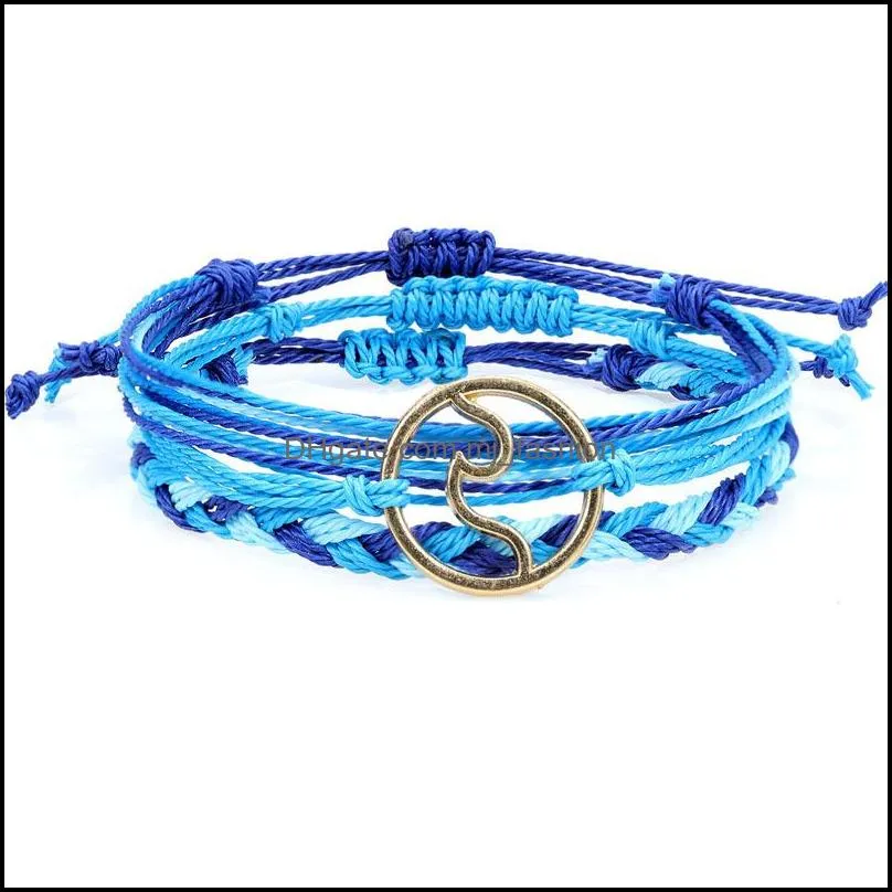  3pcs/set waterproof wax rope handmade woven bracelet for woman men lover fashion colorful braided rope wave shape charm bracelet