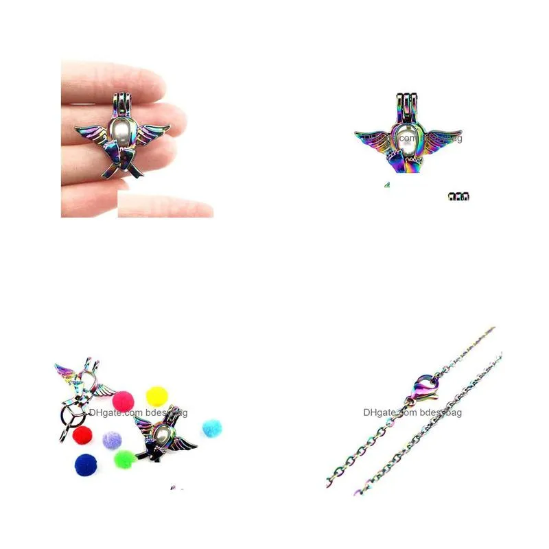 10pcs angle wing foot rainbow color cage pendant with 18 inch color chain beads oil pearl locket necklace