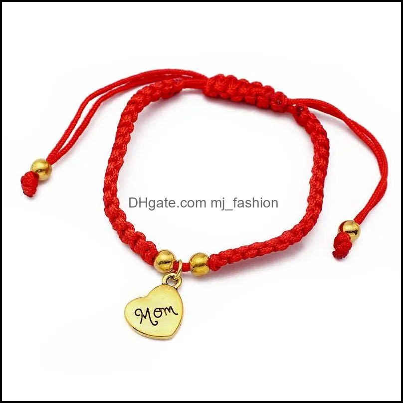  fashion red rope handmade chain weave lucky bracelets for mom silver gold plating alloy letter charms thanksgiving gift