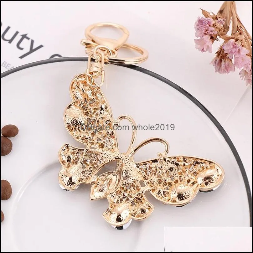 rhinestone butterfly keychains rainbow colorful gold fashion crystal key chains jewelry gift animal bag pendant charms car keyrings fo