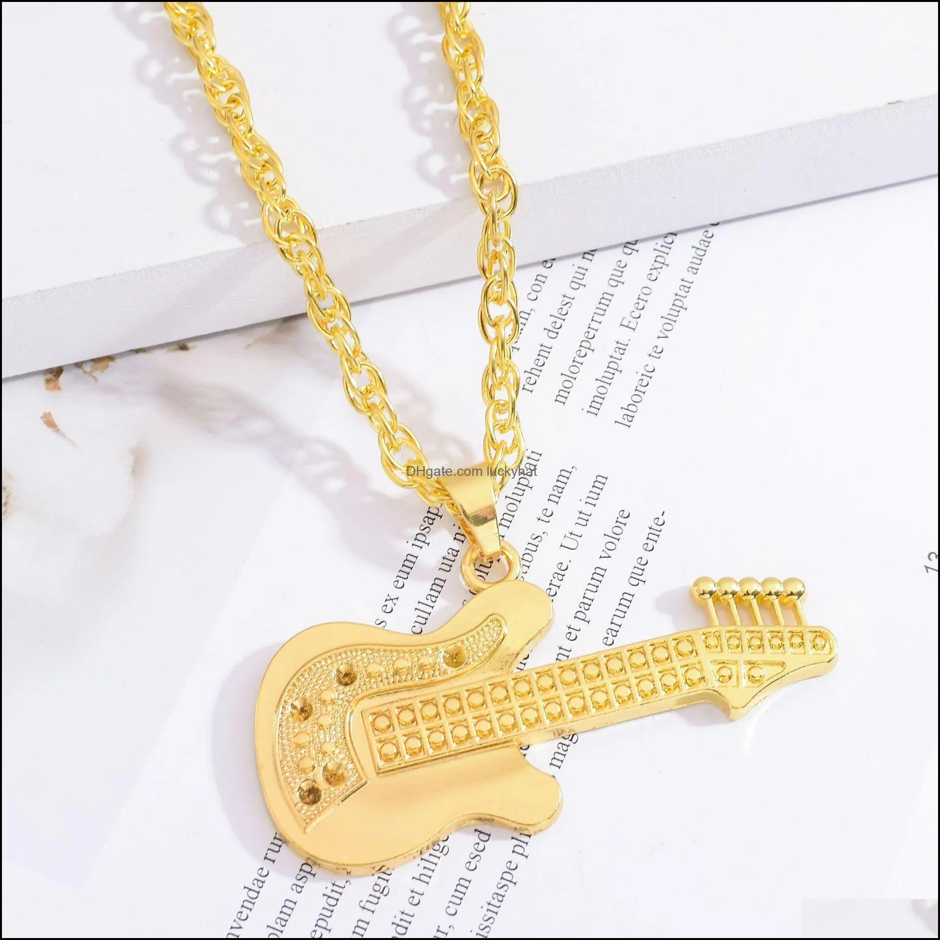 music guitar pendant necklace two tone silver/gold color mens yellow gold guitar pendant necklaces hip hop jewelry luckyhat