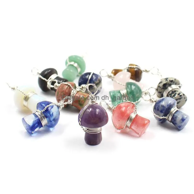 lats copper wire wrap mushroom charms natural stone quartz crystal amethysts tiger eye pendant for necklaces earrings jewelry making