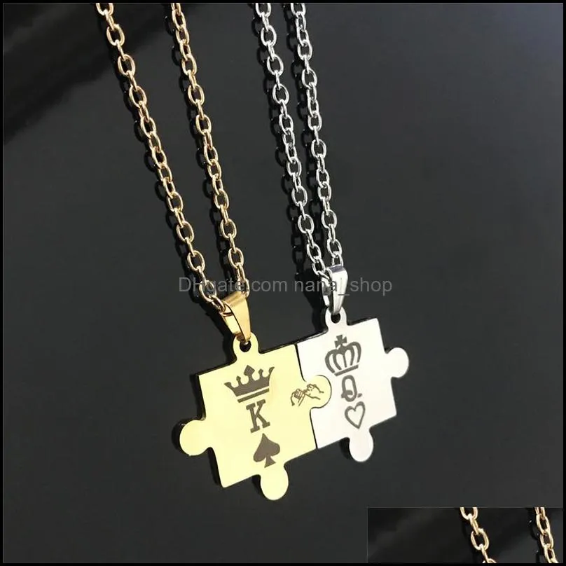 2pcs romantic k and q couple necklaces high quality splice stainless steel pendant gold silver color crown jewelry