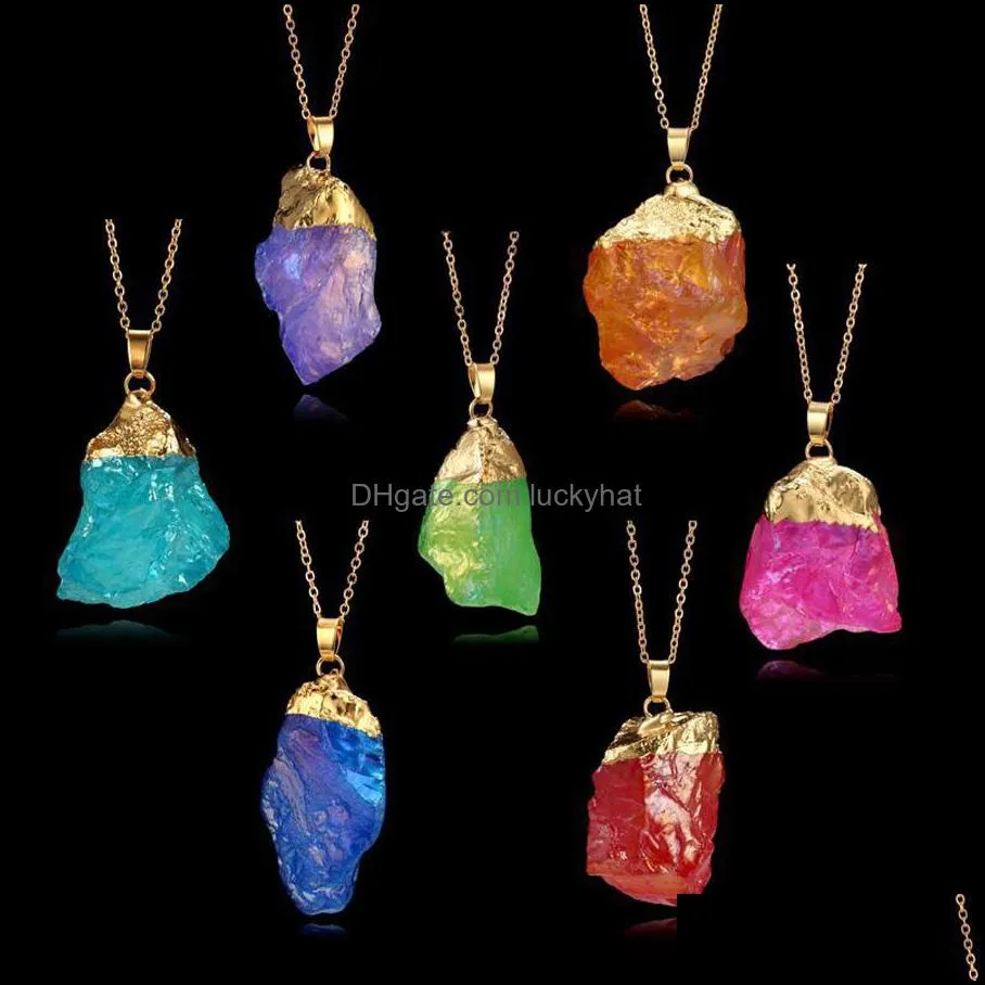 natural stone rainbow crystal pendant necklace wire wrapping irregular quartz stone necklaces luckyhat