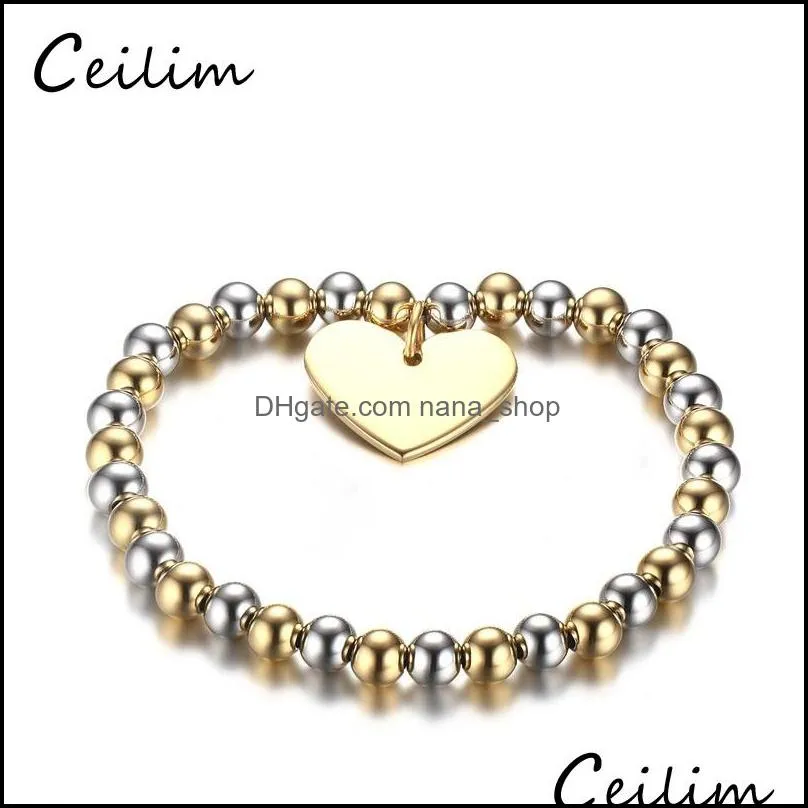 fashion gold silver 6mm bead bracelet for women with heart shape charm pendant barcelet stainless steel jewelry gift wholesaler