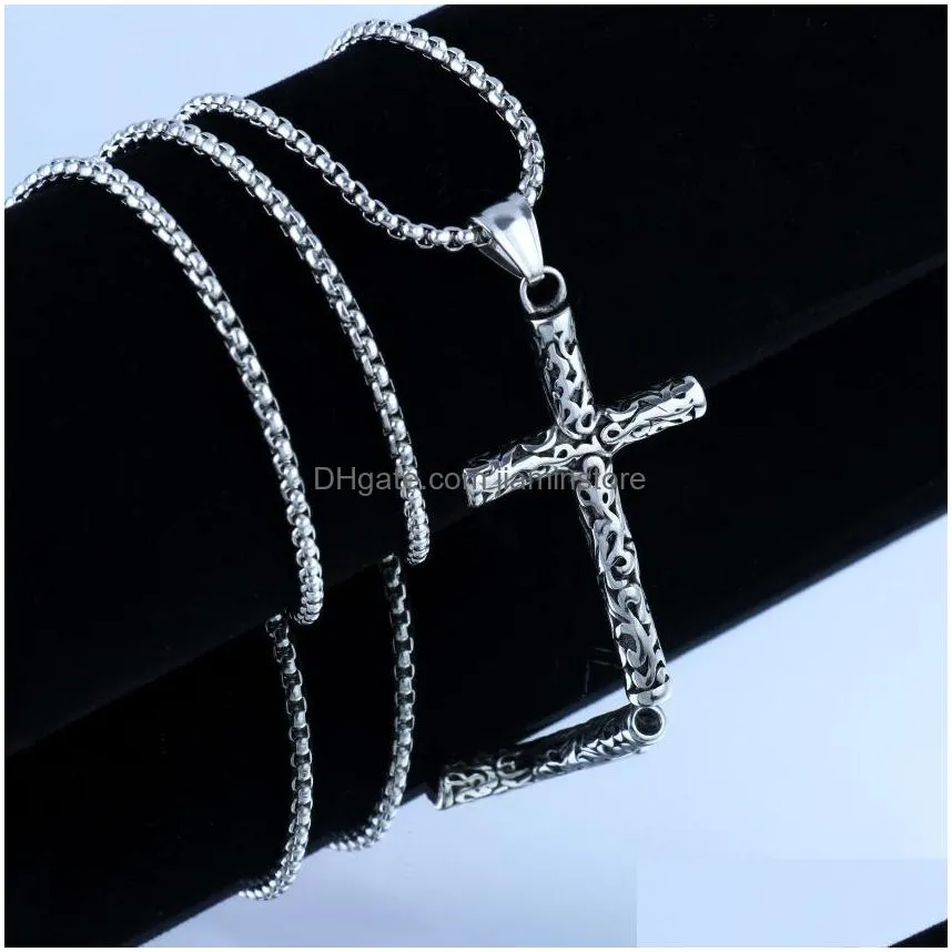 fashion jewelry vintage personality carving cross necklace titanium steel chain cross pendant necklace