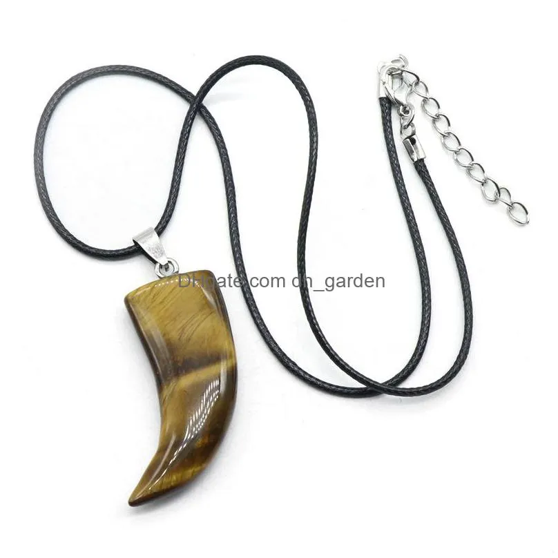 natural stone gem carved ox horn shape pendant rose quartz crystal jade onyx necklace healing guardian jewelry for men rope chain