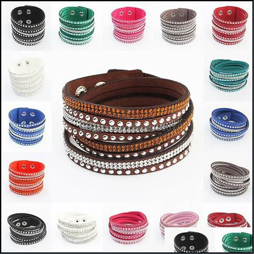  selling rhinestone crystal multilayer bracelets bangles flannel leather wrap bracelet wristbands for women snap button jewelry 40cm