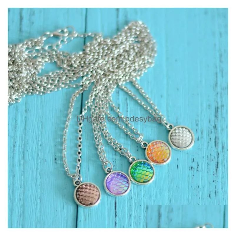 8pcs mixed round charm pendant necklace silver plated mermaid tail jewelry for women love wish