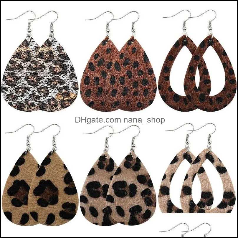 fashion leopard print leather earrings faux horse fur hollow out teardrop leather double side dangle earrings for women jewelry