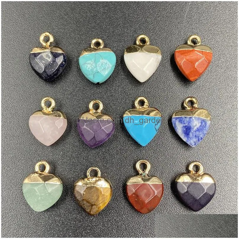 gold plating heart shape natural stone charms agate crystal turquoises jades opal stones pendant for jewelry making earrings necklace