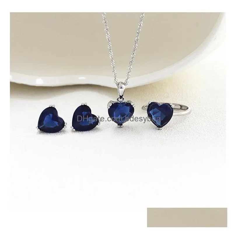 925 sterling silver heart gem jewelry set pendant necklace earrings and ring for women gift love wish