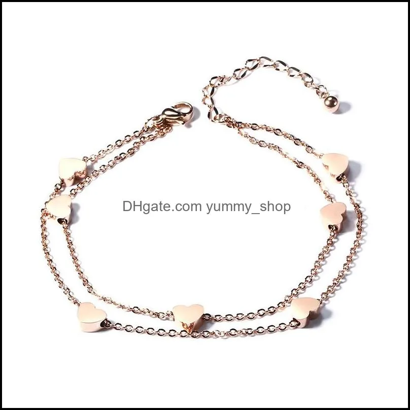  simple design stainless steel charm bracelet 2 layers rose gold link chain mini hearts lover bracelet fashion sweety style for