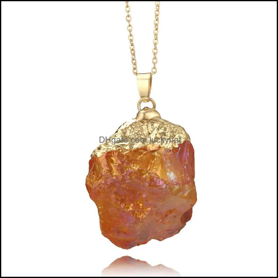 natural stone rainbow crystal pendant necklace wire wrapping irregular quartz stone necklaces luckyhat