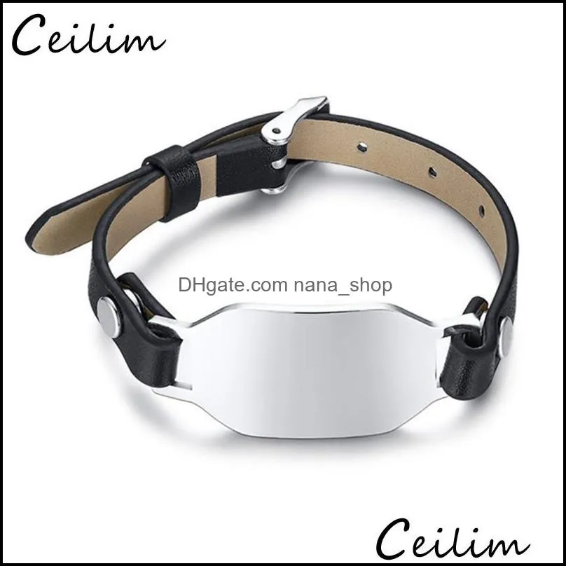 diy dog tag bracelet custom engraved personalized 316l stainless steel blank bar adjustable leather bracelet mens bracelet