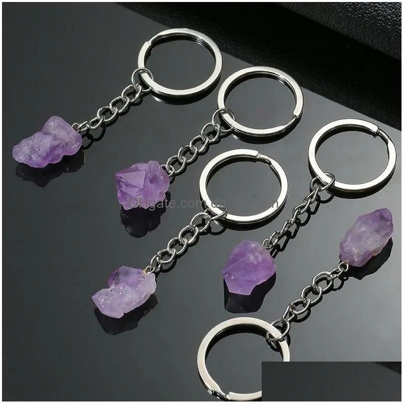 hexagon prism reiki healing natural stone tree keychains chakra amethyst pink rose crystal key rings keyrings women men jewelry