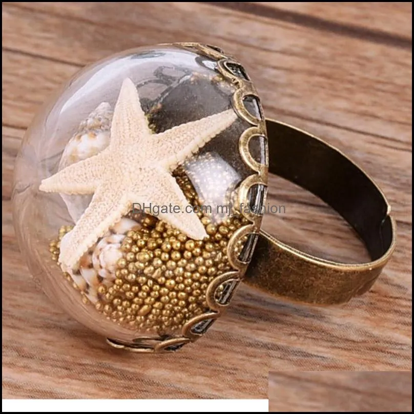 fashion 4 styles vintage unique adjustable glass rings pearl shell starfish rings for women ladies party jewelry handmade artwork gifts