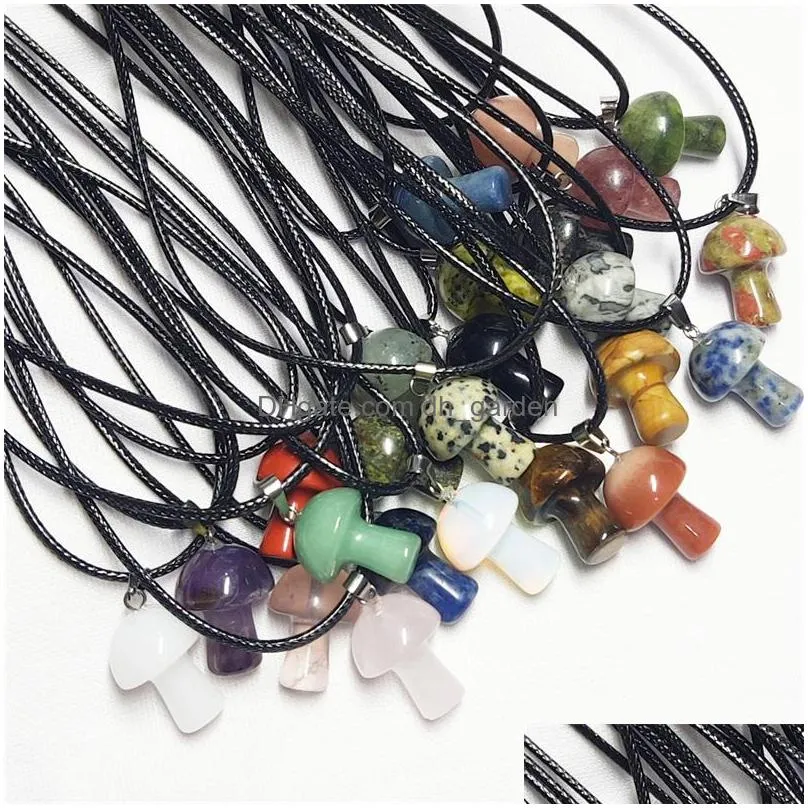 lots colors carving mushroom pendant reiki healing crystal tiger eye rose quartz opal aventurines necklace for women jewelry