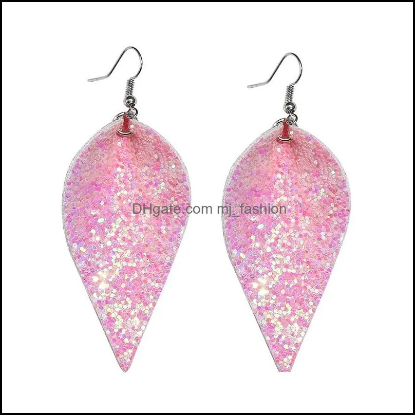 fashion sequins paillette glitter leaf pu leather earrings for women bling earrings brinco ear oval colorful designer jewelry christmas
