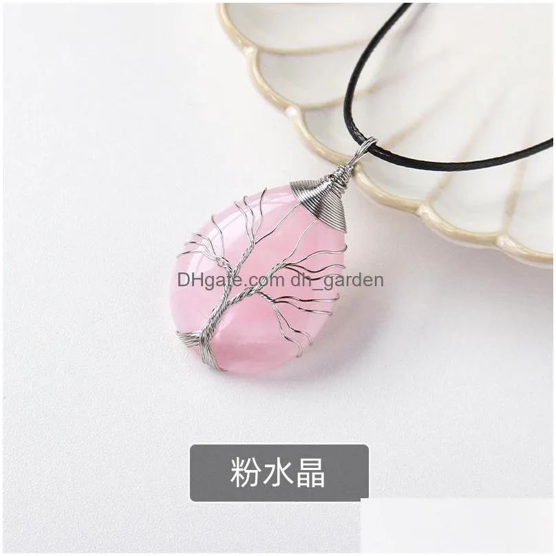 natural stone healing crystal tree of life charms waterdrop pendants rose quartz wire wrapped trendy jewelry making necklaces