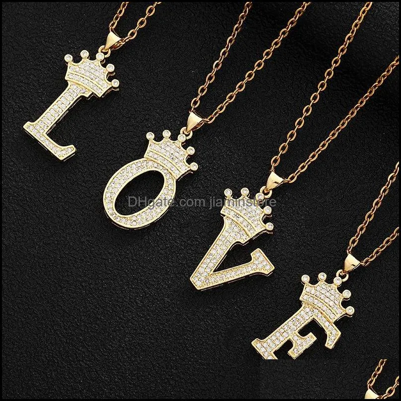 zircon initial necklace pendant 26 letter gold plating crown necklaces for women mens jewelry