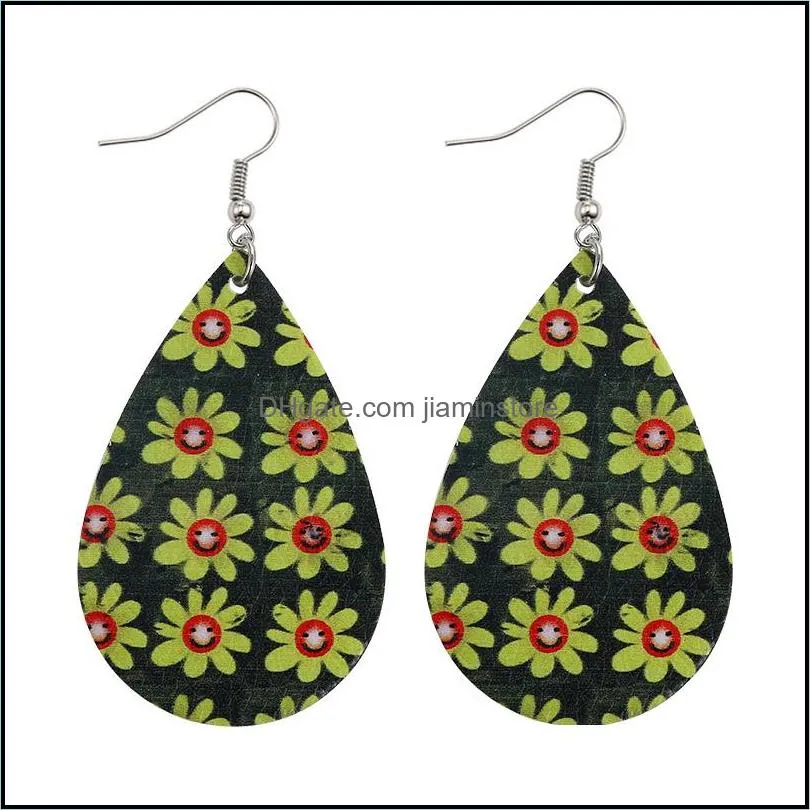  pu leather earrings fashion women daisy flower print pattern colorful faux leather dangle earring for girls bohemian party jewelry