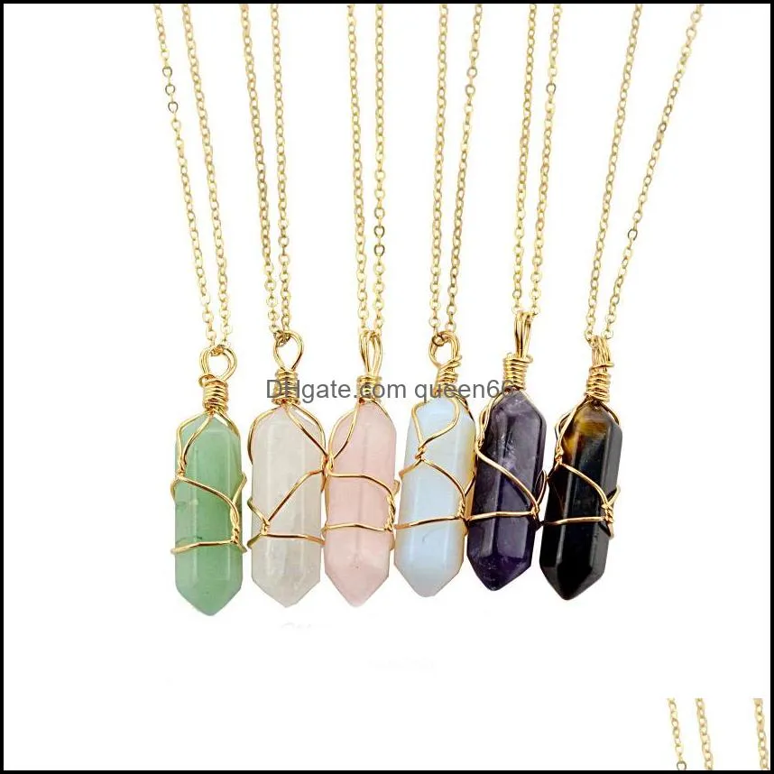 hexagon shape chakra natural stone healing point pendants necklaces with gold chain for women jewelry