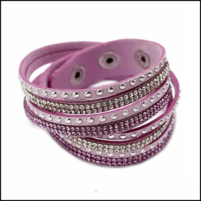 9 colors women full rhinestone cool leather wrap wristband cuff punk bracelet bangles fit party gift winding bracelet snap button