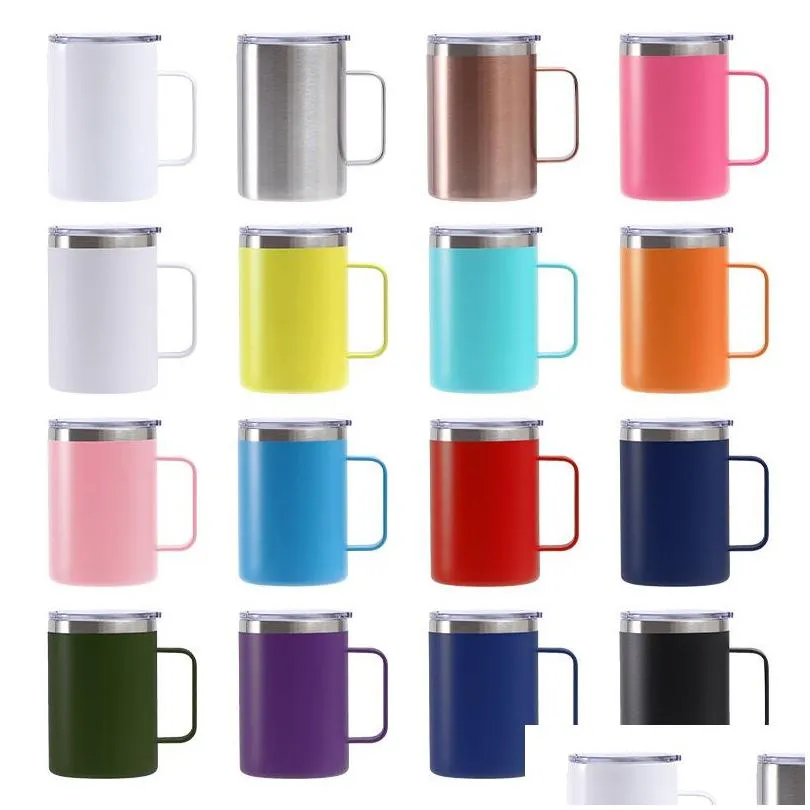12oz coffee tea mugs with handle stainless steel insulated travel tumblers with sliding lid double wall vacuum camping cup for hot cold
