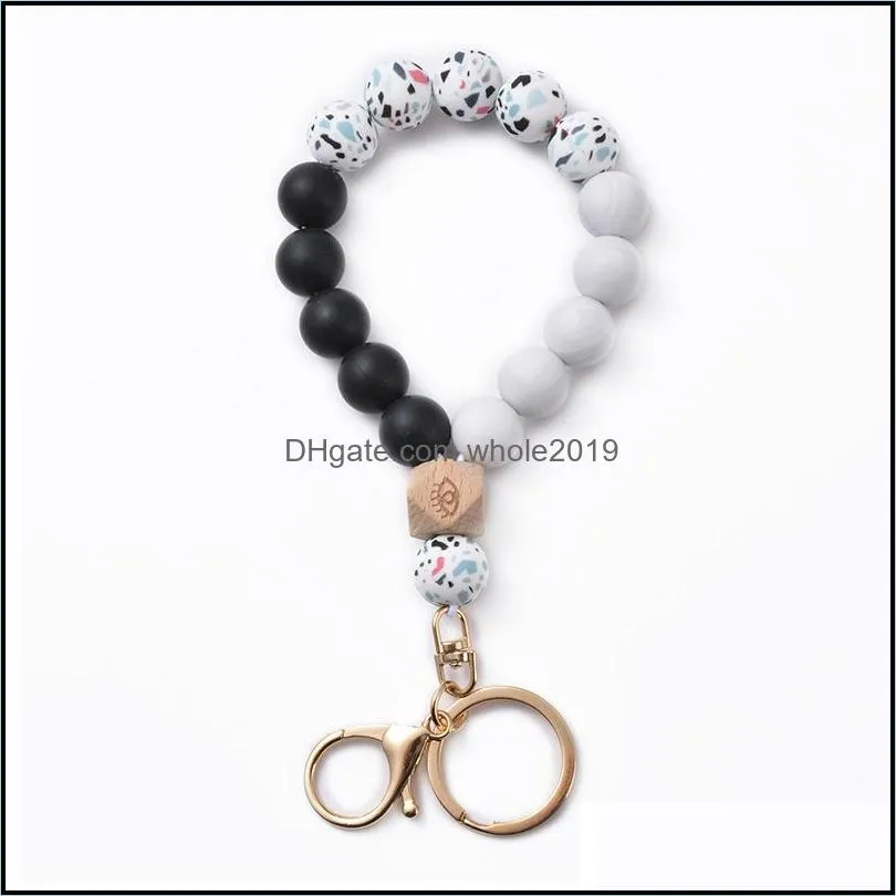 silicone keychain wooden beads key chains leopard printing circle keyring multicolor women jewelry c3