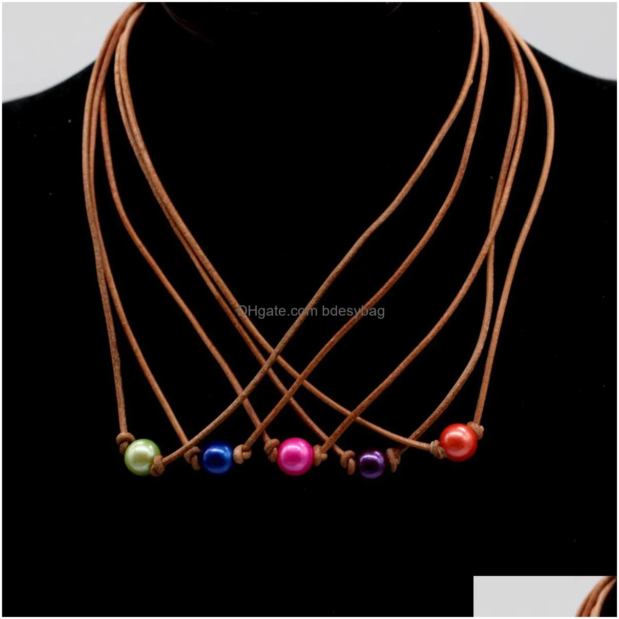  shipping natural freshwater cultured edison pearl necklace with leather rope 912mm round pearl collar necklace faishon jewelry