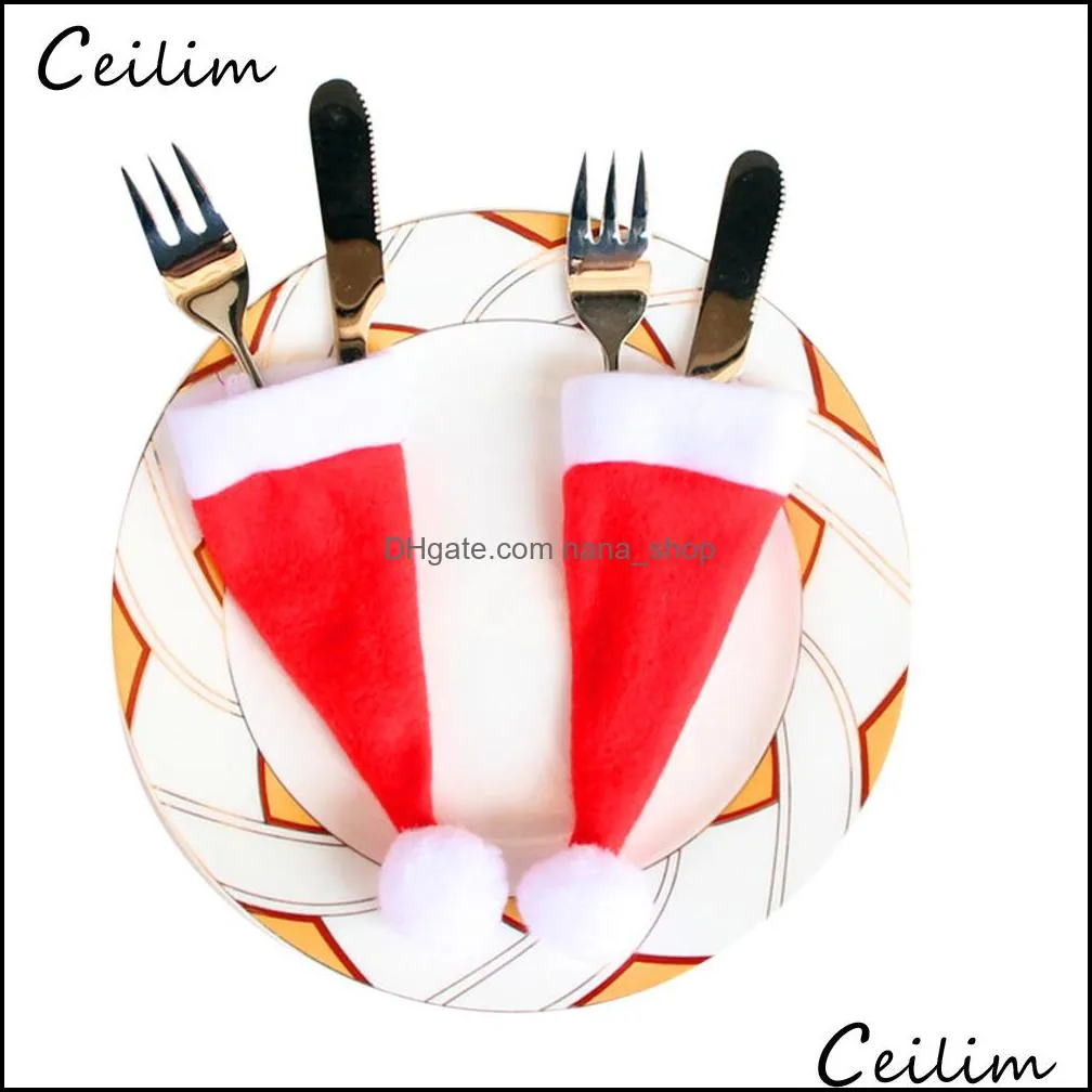 christmas decorative tableware knife fork set christmas hat 10pcs/lot christmas caps cutlery fork spoon holder packaging