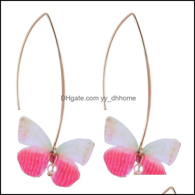 fashion chiffon butterfly earrings imitation pearls big hook earrings tulle wings female long dangle earrings for women girls wholesale