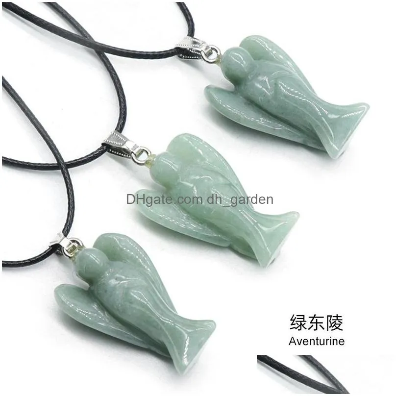 natural stone gem carved angel pendant rose quartz crystal jade onyx bead necklace healing guardian jewelry for women men rope chain