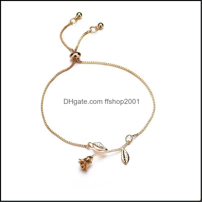  fashion rose flower charm bracelet for women girl bracelet bangle alloy adjustable wedding bridal jewelry gift 3 colors