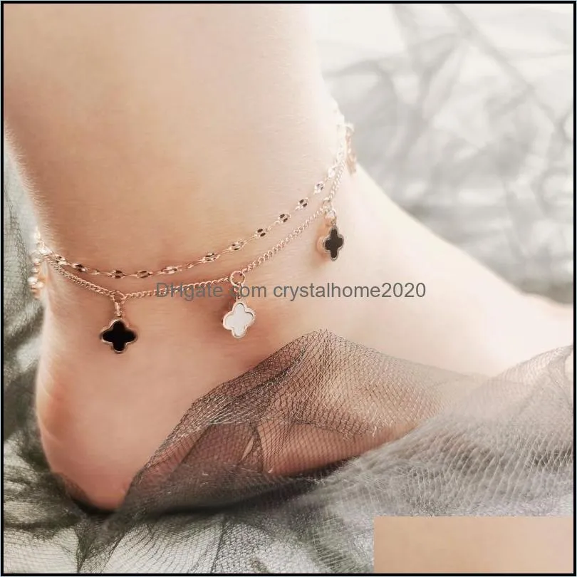 anklets fashion clover ins doublelayer titanium steel rose gold foot chain friend simple decoration for women