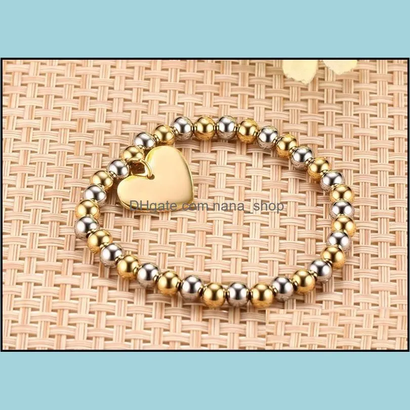 fashion gold silver 6mm bead bracelet for women with heart shape charm pendant barcelet stainless steel jewelry gift wholesaler