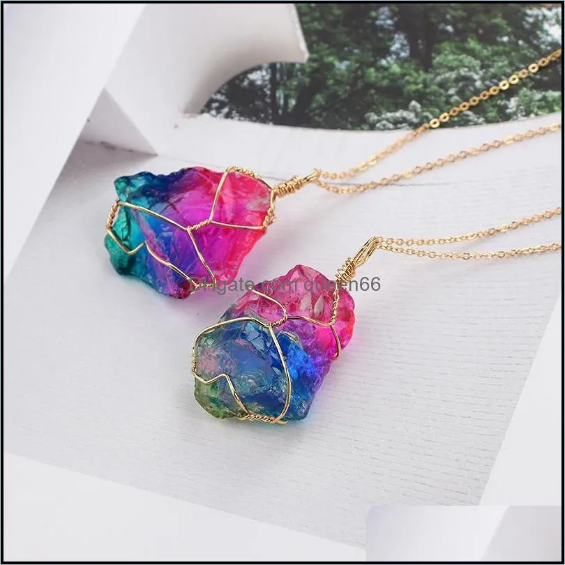 pretty rainbow stone beautifully pendant necklace crystal quartz healing point chakra rock necklace color gold chain necklace