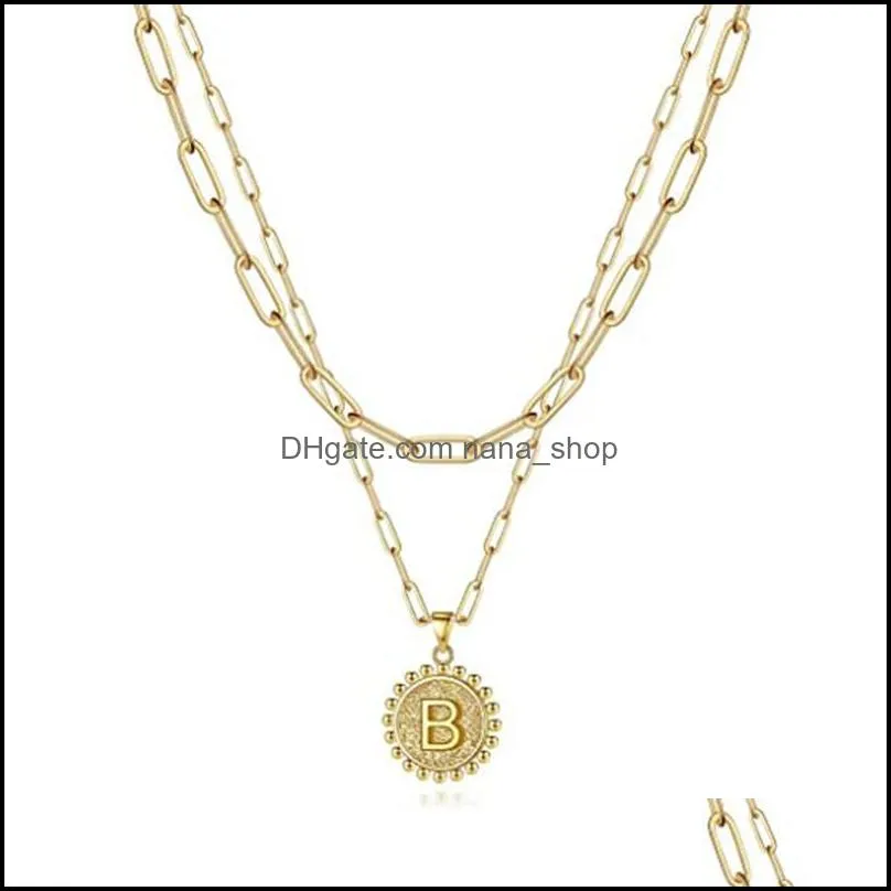 alphabet coin letter charm necklace fashion double layer clip chain round 26 initial pendant necklaces for women