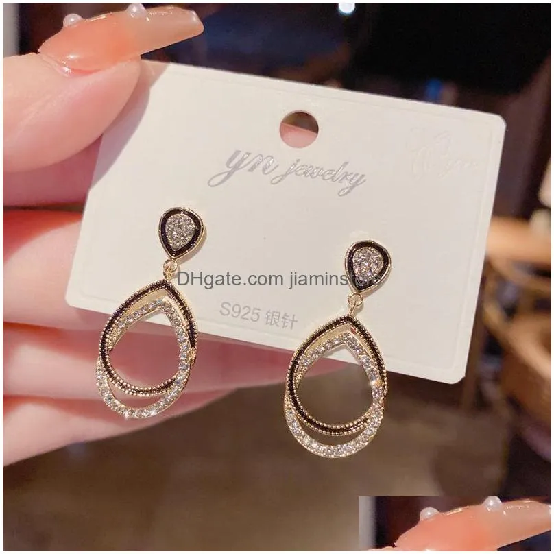 fashion jewelry vintage s925 sliver post earrings double layer water drop diamond crystal rhinestone oval geometric earrings