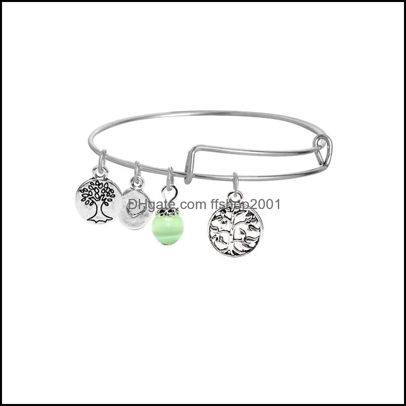 korea fashion diy tree of life wire bracelets for women and girls silver plated happy tree charms alloy bangles with green crystal