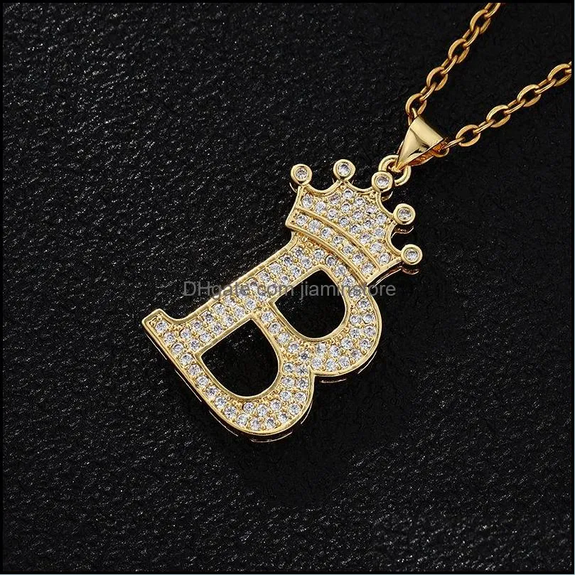 zircon initial necklace pendant 26 letter gold plating crown necklaces for women mens jewelry