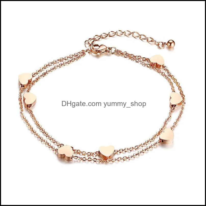  simple design stainless steel charm bracelet 2 layers rose gold link chain mini hearts lover bracelet fashion sweety style for